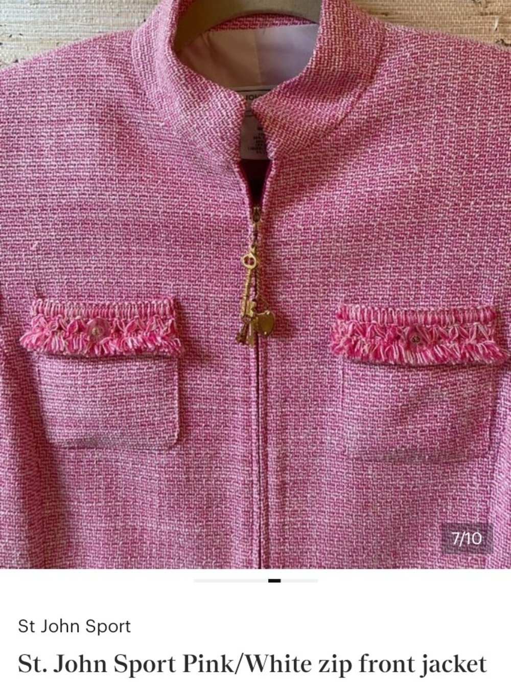 St. John Pink White Tweed Signature Key Lock Zip Jacket Gold Charm S/P - Picture 5 of 8